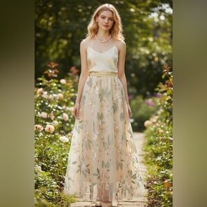 Floral Embroidered Flowers on Mesh Cream Skirt